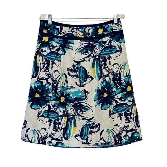Cato Dresses & Skirts - Cato Linen Skirt Womens Size 12 White Blue Floral A Line Zip Lined Cottagecore